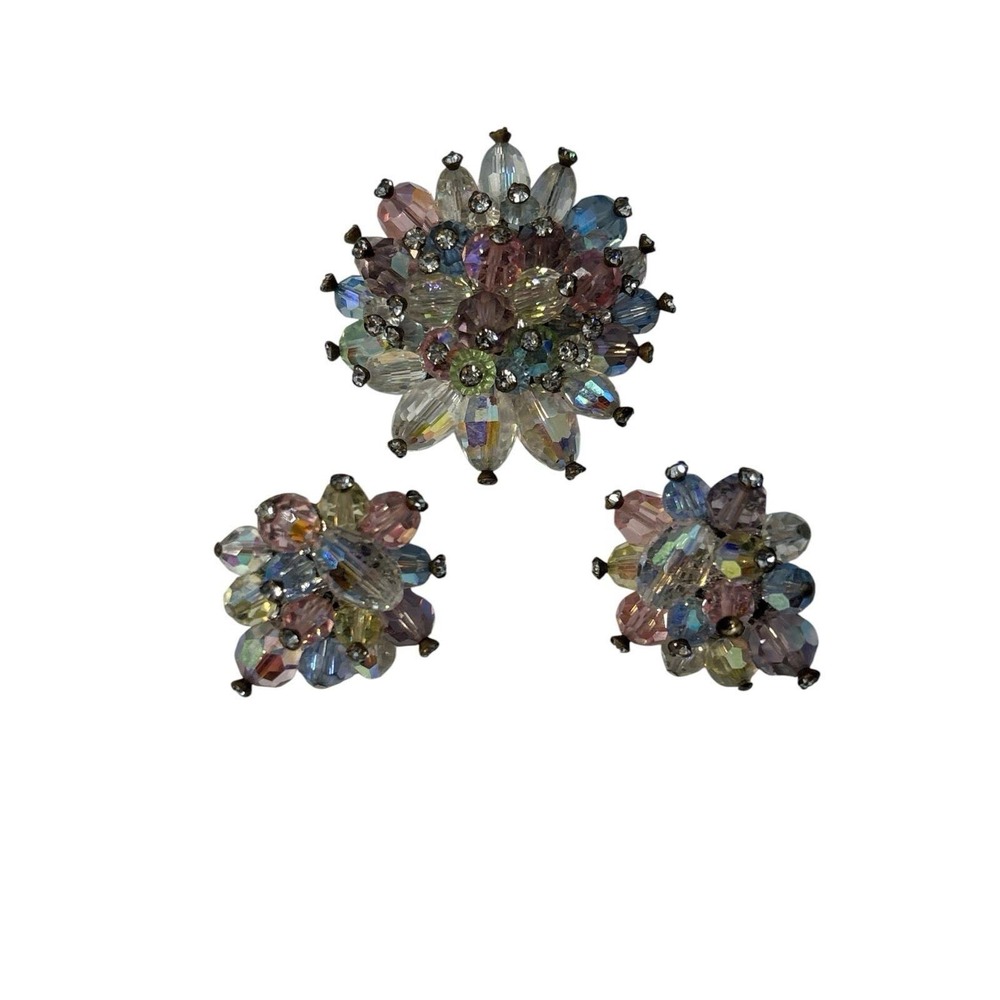 Vintage Signed Vendome Rhinestone beaded Brooch Pin Clip On‎ Earrings Set